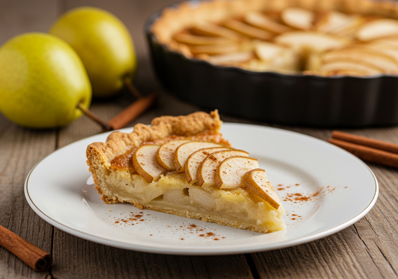 A beautifully plated slice of healthy pear pie with a golden-brown crust, a generous filling of sliced pears, and a light dusting of cinnamon. The background is a rustic wooden table with a blurred focus on fresh pears and a baking dish.