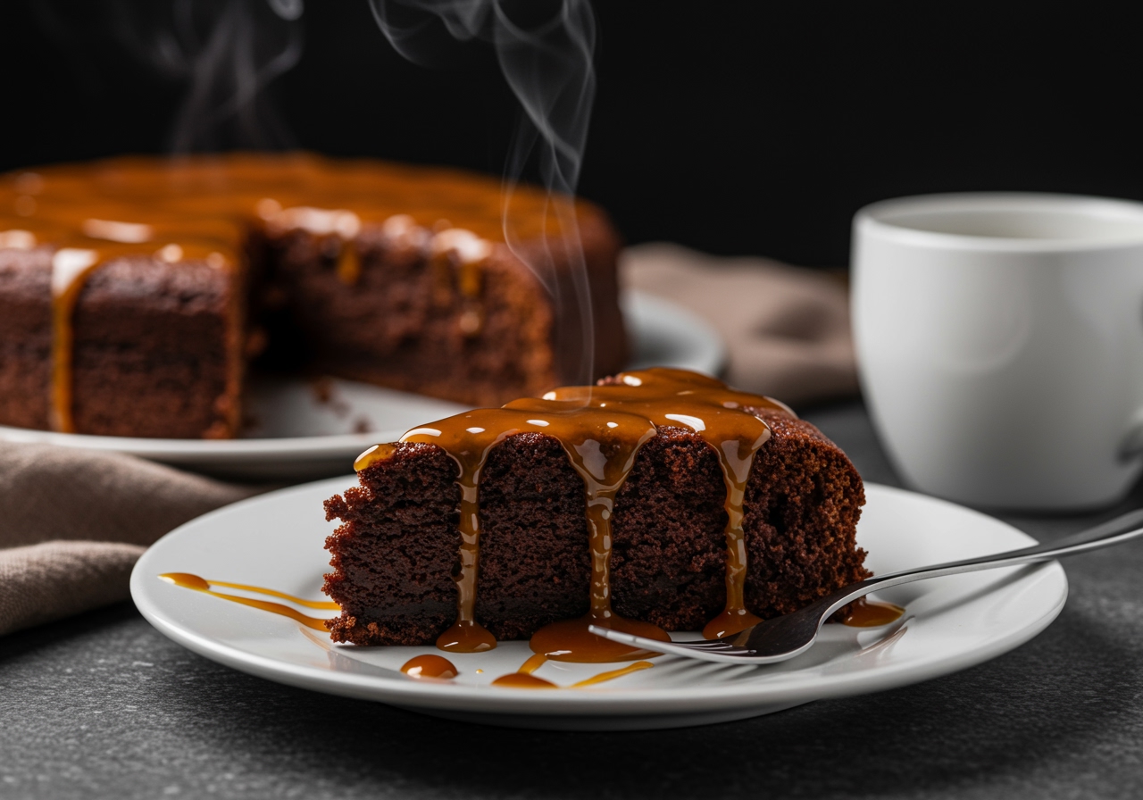 A beautifully plated slice of healthy warm rich chocolate cake, with a glossy caramel sauce drizzled over it, steam gently rising, and a cozy, inviting atmosphere. Focus on rich chocolate color and inviting warmth.
