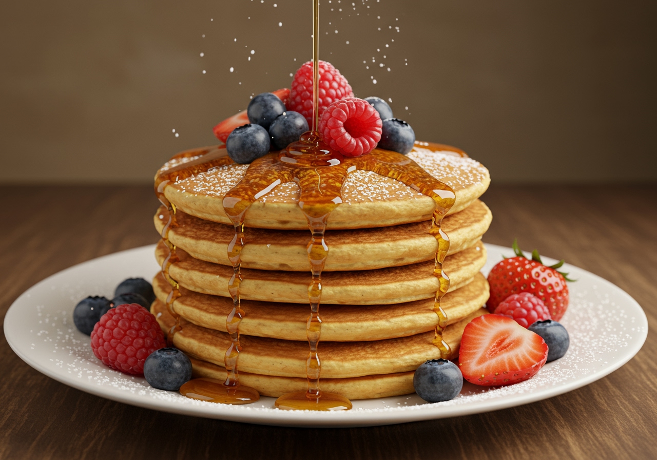 A beautifully plated stack of buttermilk pancakes generously drizzled with maple syrup, adorned with a variety of fresh berries (strawberries, blueberries, raspberries) and a dusting of powdered sugar.