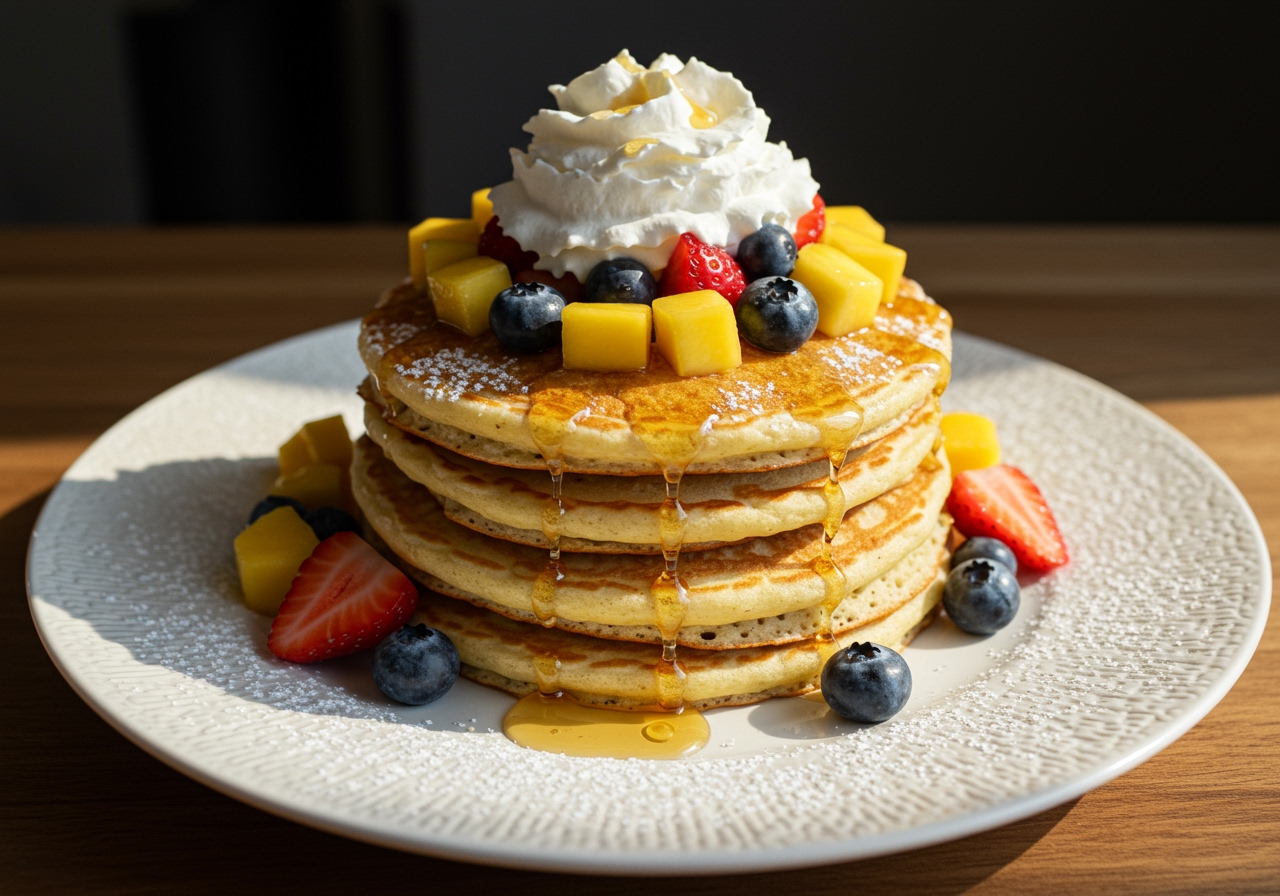 A beautifully plated stack of coconut and pineapple pancakes topped with fresh fruit, whipped cream, and a drizzle of syrup, ready for a photo.