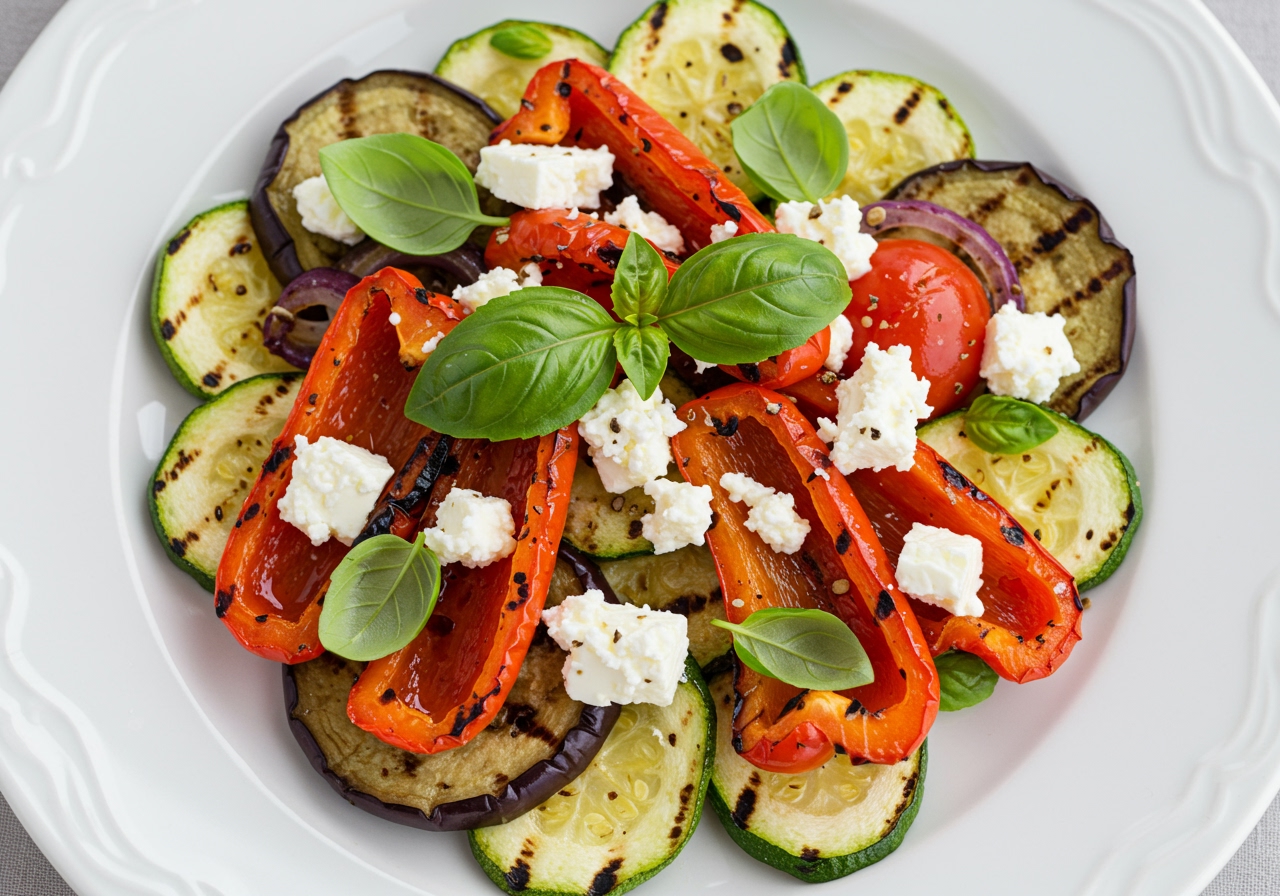 A beautifully plated summer grilled vegetable salad with feta cheese crumbles and fresh basil leaves scattered on top.
