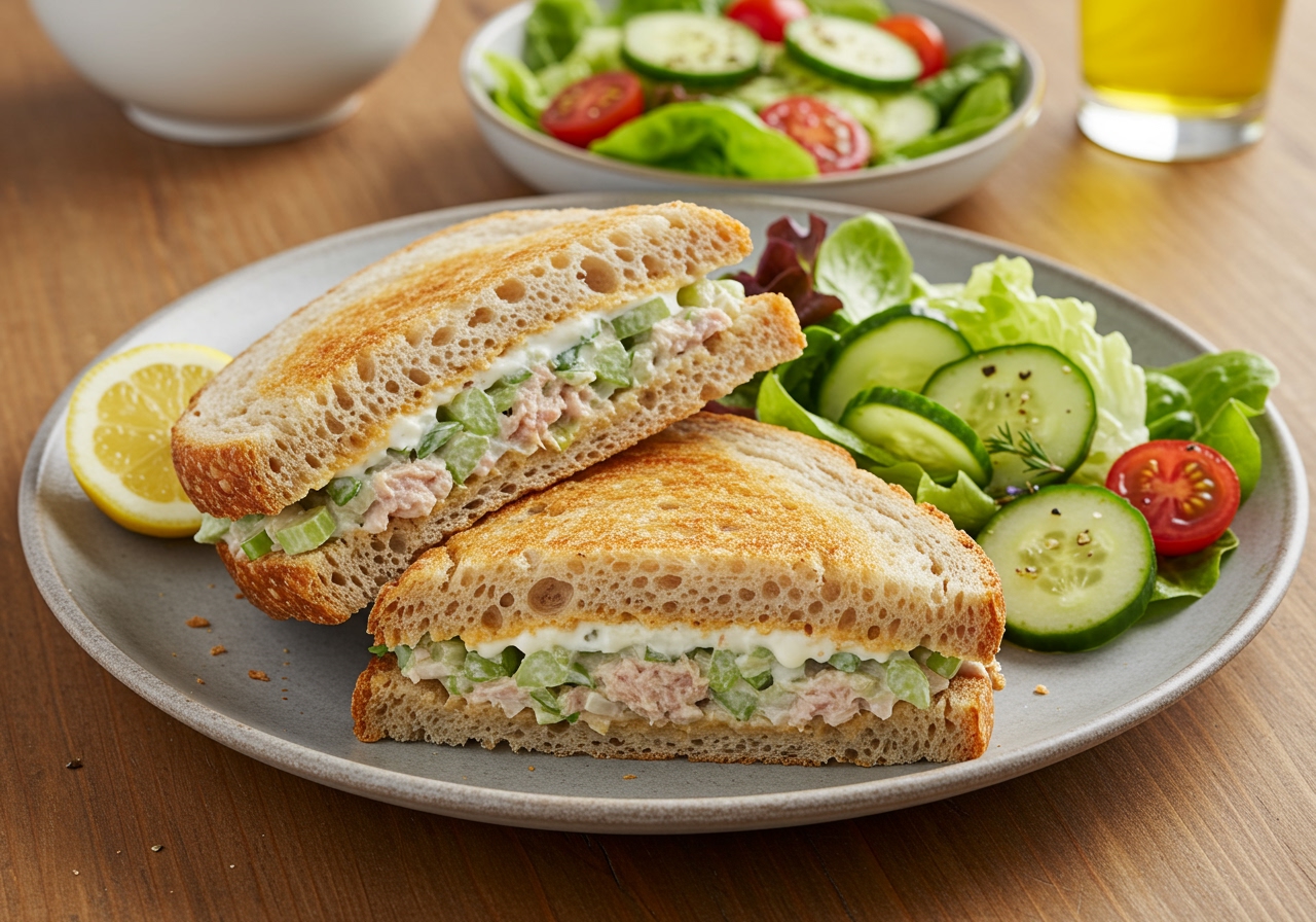 A beautifully plated tuna salad sandwich on artisanal bread, cut in half, with a side of fresh green salad and cherry tomatoes, depicting a healthy and appetizing lunch.