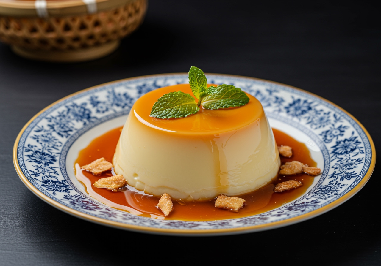A beautifully plated Vietnamese Banh Flan (coconut pudding) with a rich caramel sauce dripping down, garnished with a fresh mint leaf, perhaps on a traditional Vietnamese plate.