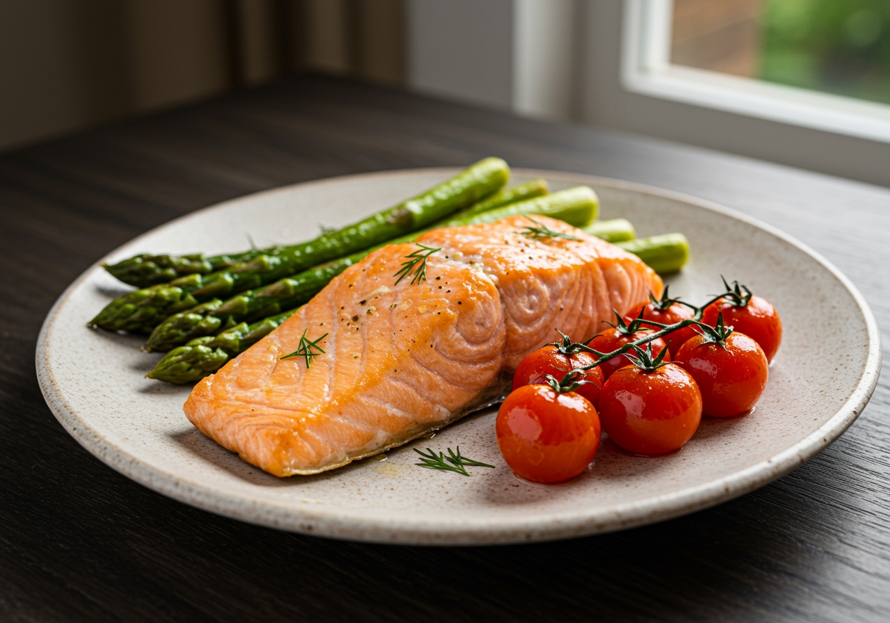 A beautifully prepared oven-baked salmon fillet, flaking perfectly, served with roasted asparagus and cherry tomatoes.