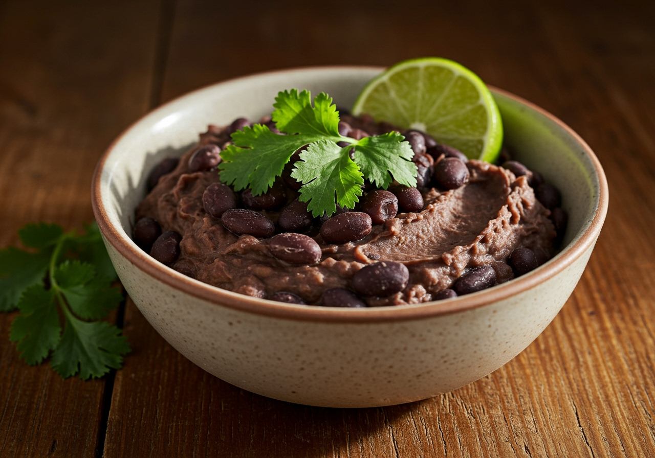 A beautifully presented bowl of creamy, dark refried black beans, garnished with fresh cilantro and a lime wedge, on a rustic wooden table.