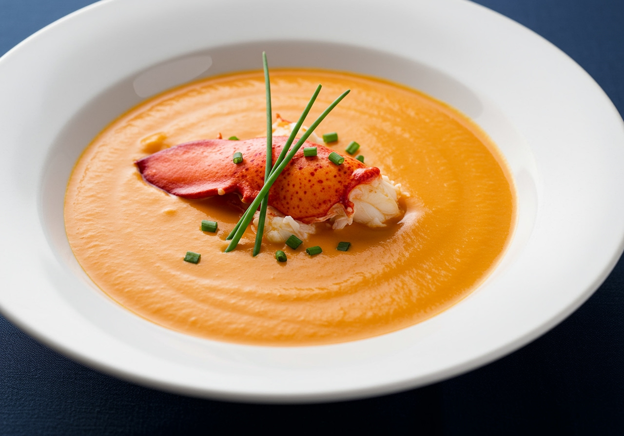 A beautifully presented bowl of finished lobster bisque or soup, garnished with fresh herbs or a piece of lobster meat