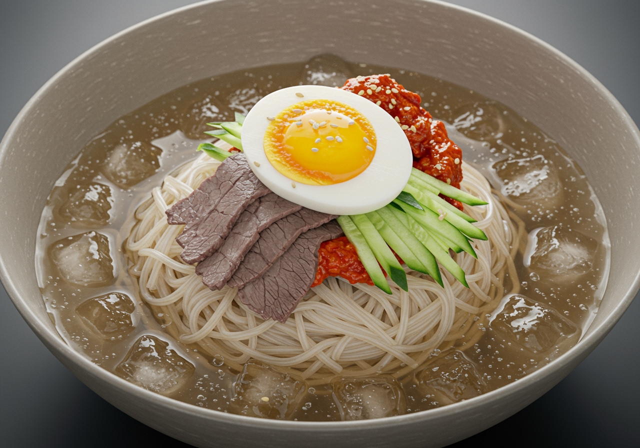 A beautifully presented bowl of Mul-milmyeon (Korean cold noodles in broth) with ice shards, egg, cucumber, and meat slices