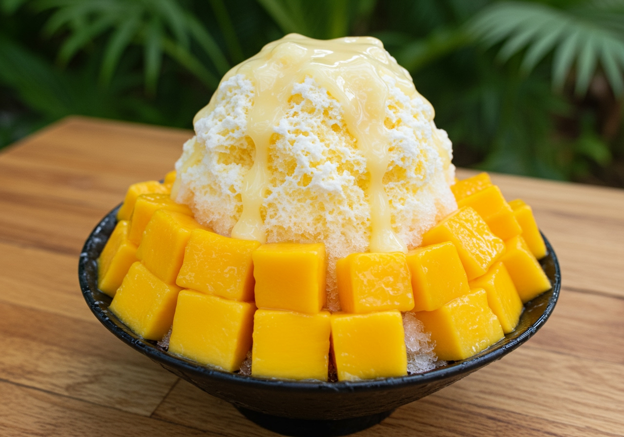 A beautifully presented bowl of Taiwanese-style mango shaved ice with fresh mango cubes and condensed milk, showing the fluffy texture of the ice.