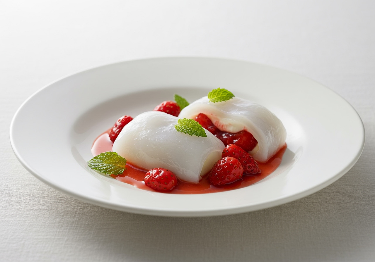 A beautifully presented easy mizu shingen mochi with strawberry compote, garnished with mint leaves, on a minimalist white plate.