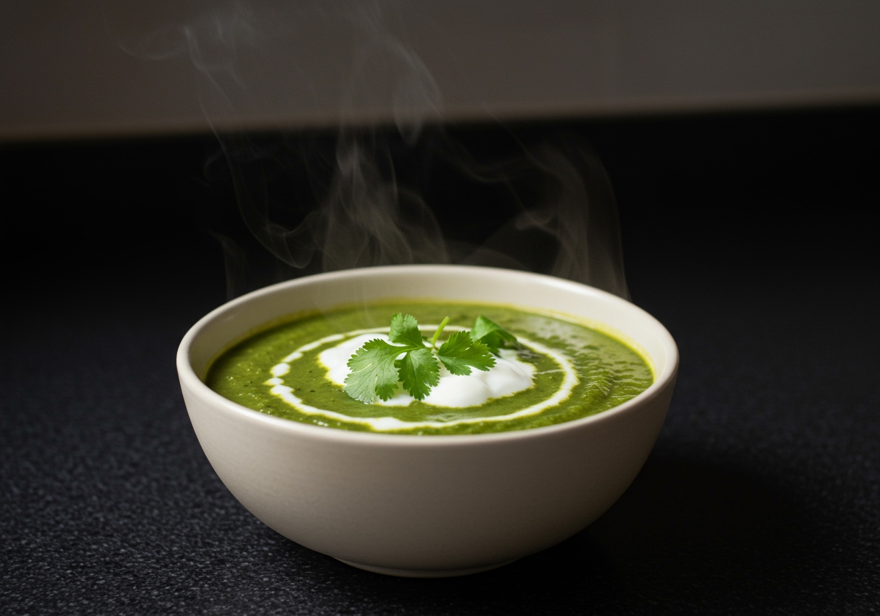 A beautifully presented finished bowl of easy and delicious curry-flavored spinach potato soup, with steam rising gently, on a modern kitchen counter with soft lighting.