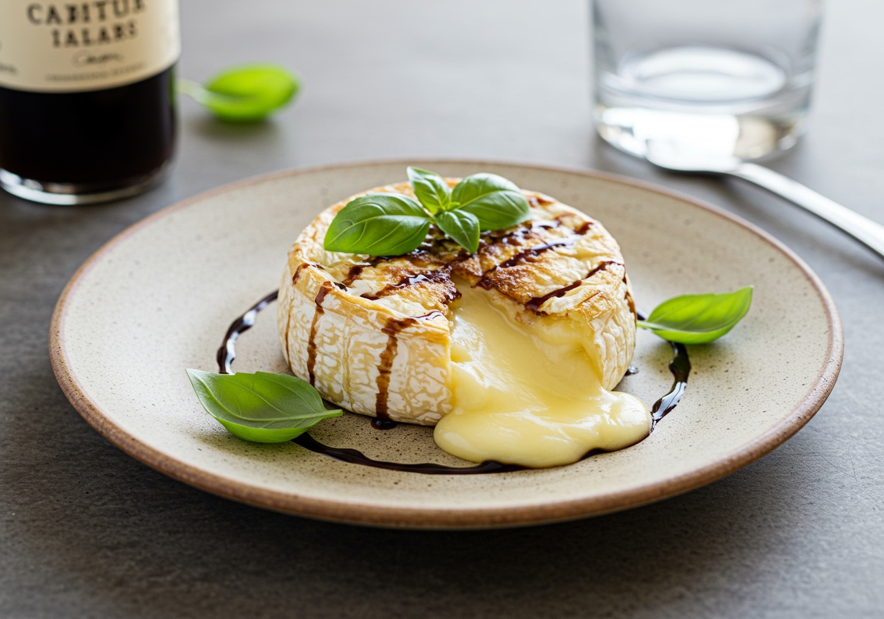 A beautifully presented individual serving of craft-style baked cheese, perhaps a mini camembert, on a small ceramic plate, drizzled with balsamic glaze and garnished with fresh basil leaves. The cheese is perfectly melted inside.
