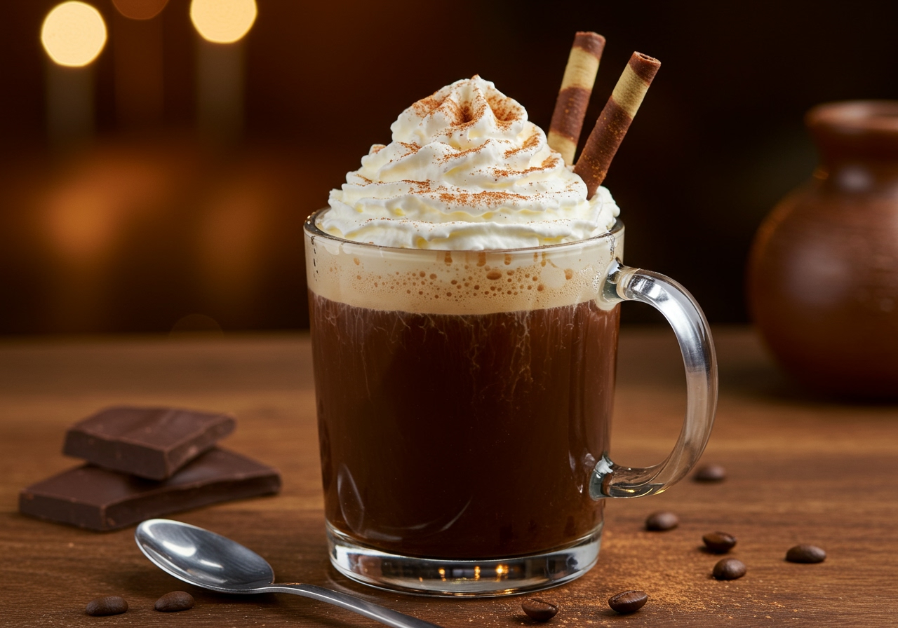 A beautifully presented Mexican coffee cocktail in a clear glass mug, topped with whipped cream, a sprinkle of cinnamon, and a chocolate stick. The background shows a warm, inviting setting, possibly with some Mexican-inspired decor. Soft lighting, rich colors.