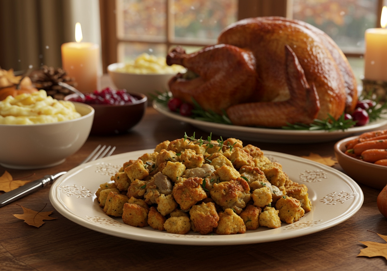 A beautifully presented plate of golden brown, crispy old-fashioned giblet stuffing, garnished with fresh herbs, alongside a roasted turkey in a warm, cozy Thanksgiving setting.