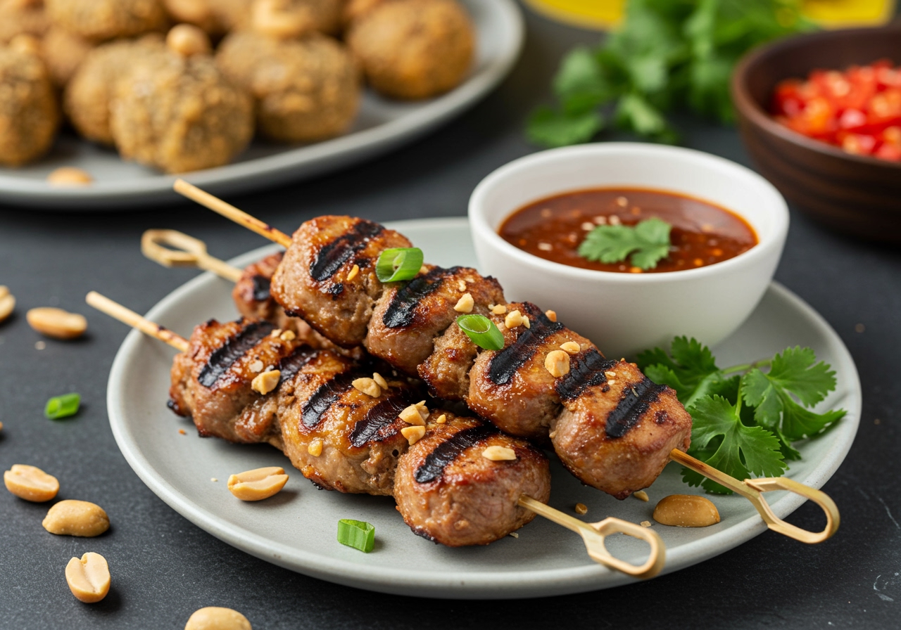 A beautifully presented plate of grilled ginger peanut pork skewers next to a small bowl of dipping sauce, with fresh herbs as garnish. In the background, other party snacks are subtly blurred.