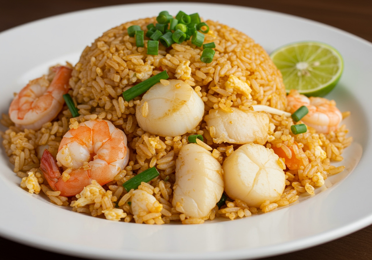 A beautifully presented plate of seafood fried rice, garnished with chopped green onions and maybe a lime wedge.