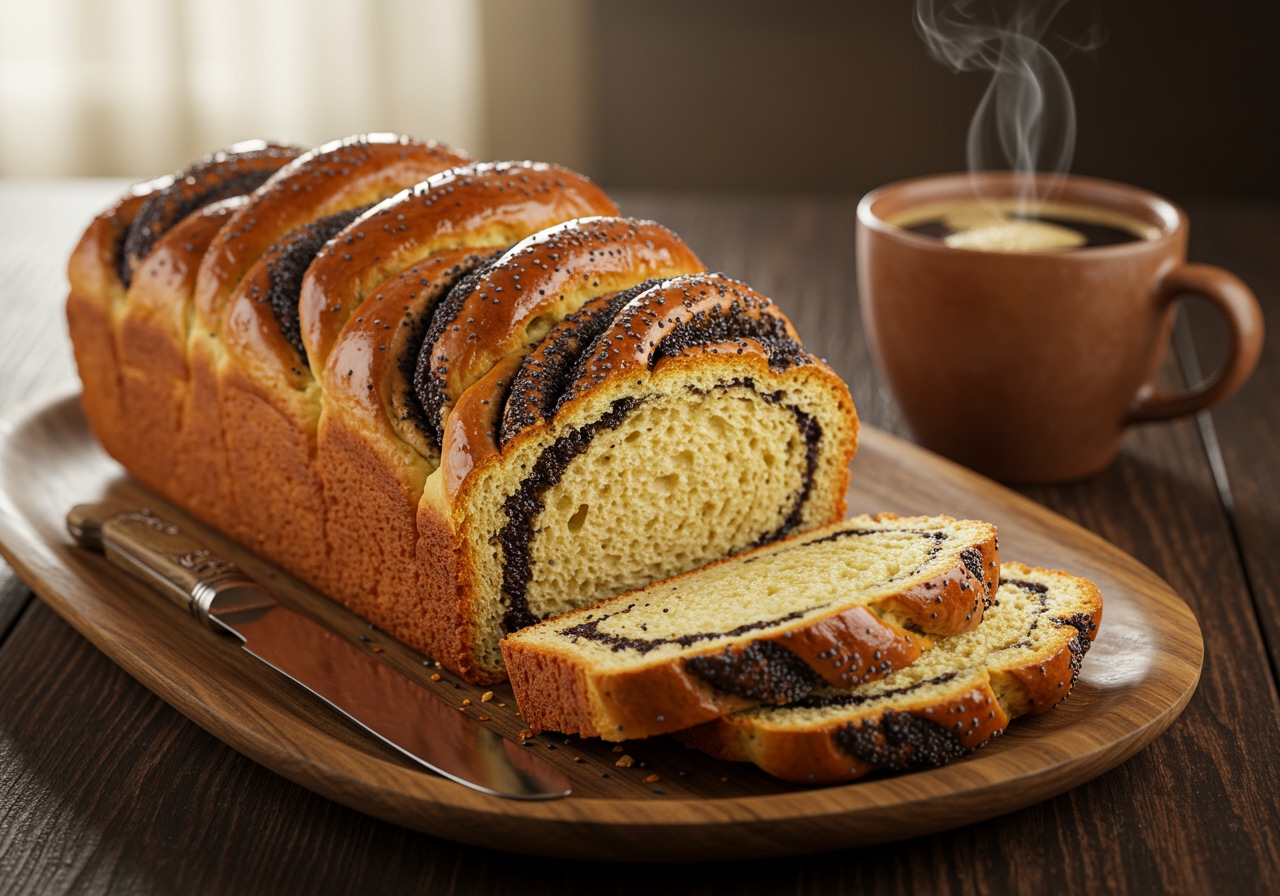 A beautifully presented poppy seed bread loaf on a serving plate, ready to be sliced, perhaps with a cup of tea or coffee