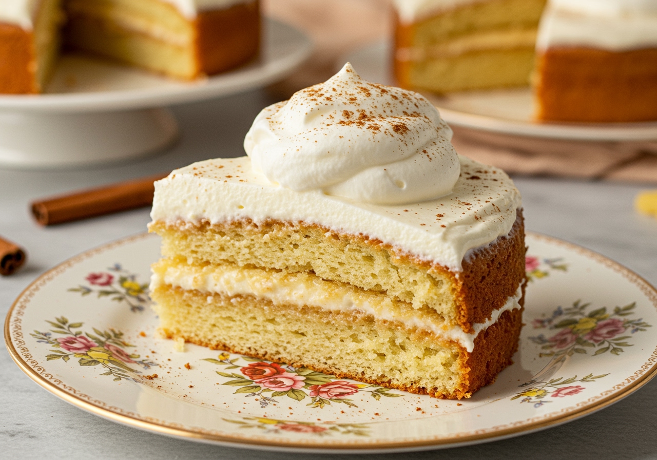 A beautifully presented slice of horchata-soaked vanilla cake on a decorative plate, perhaps with whipped cream and cinnamon garnish