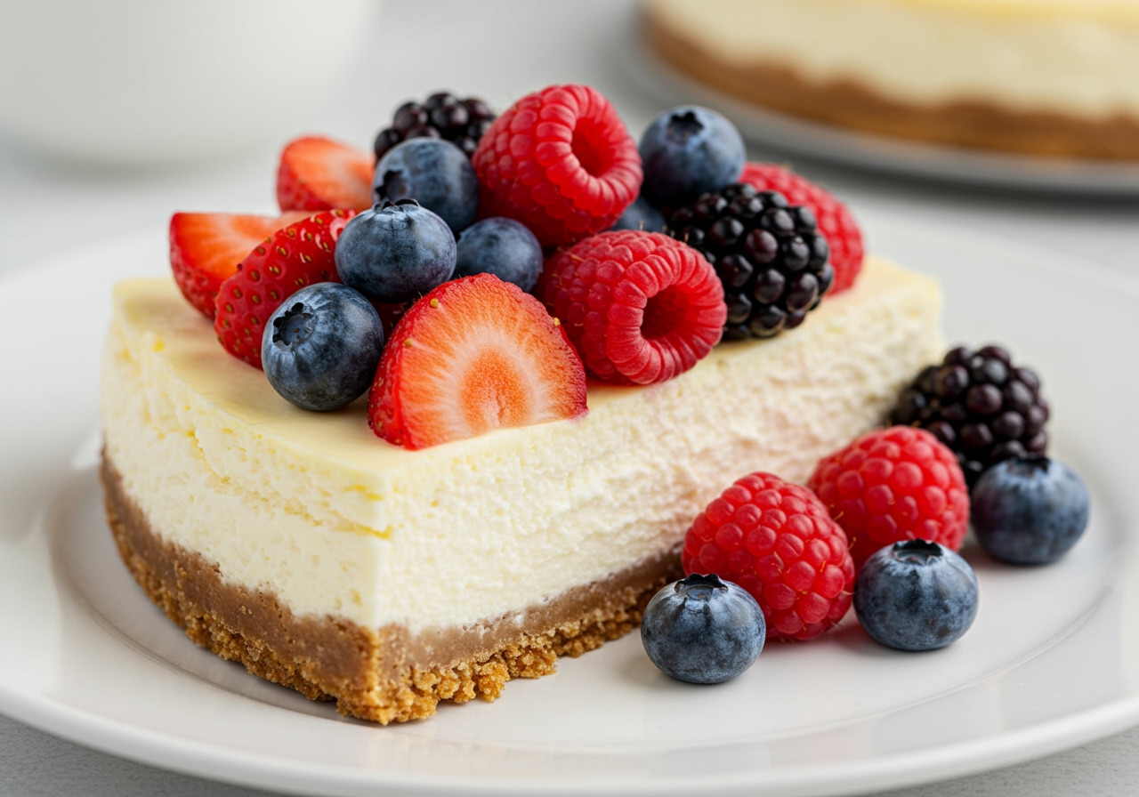 A beautifully presented slice of no-bake cheesecake topped with fresh berries on a white plate.