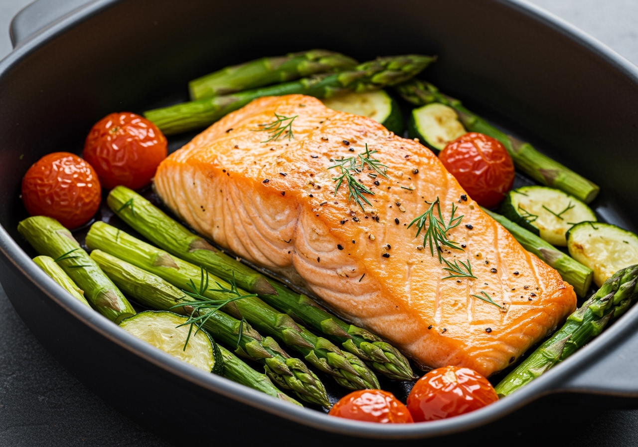 A beautifully roasted salmon fillet in an oven pan surrounded by colorful vegetables like asparagus, cherry tomatoes, and zucchini, garnished with fresh dill.