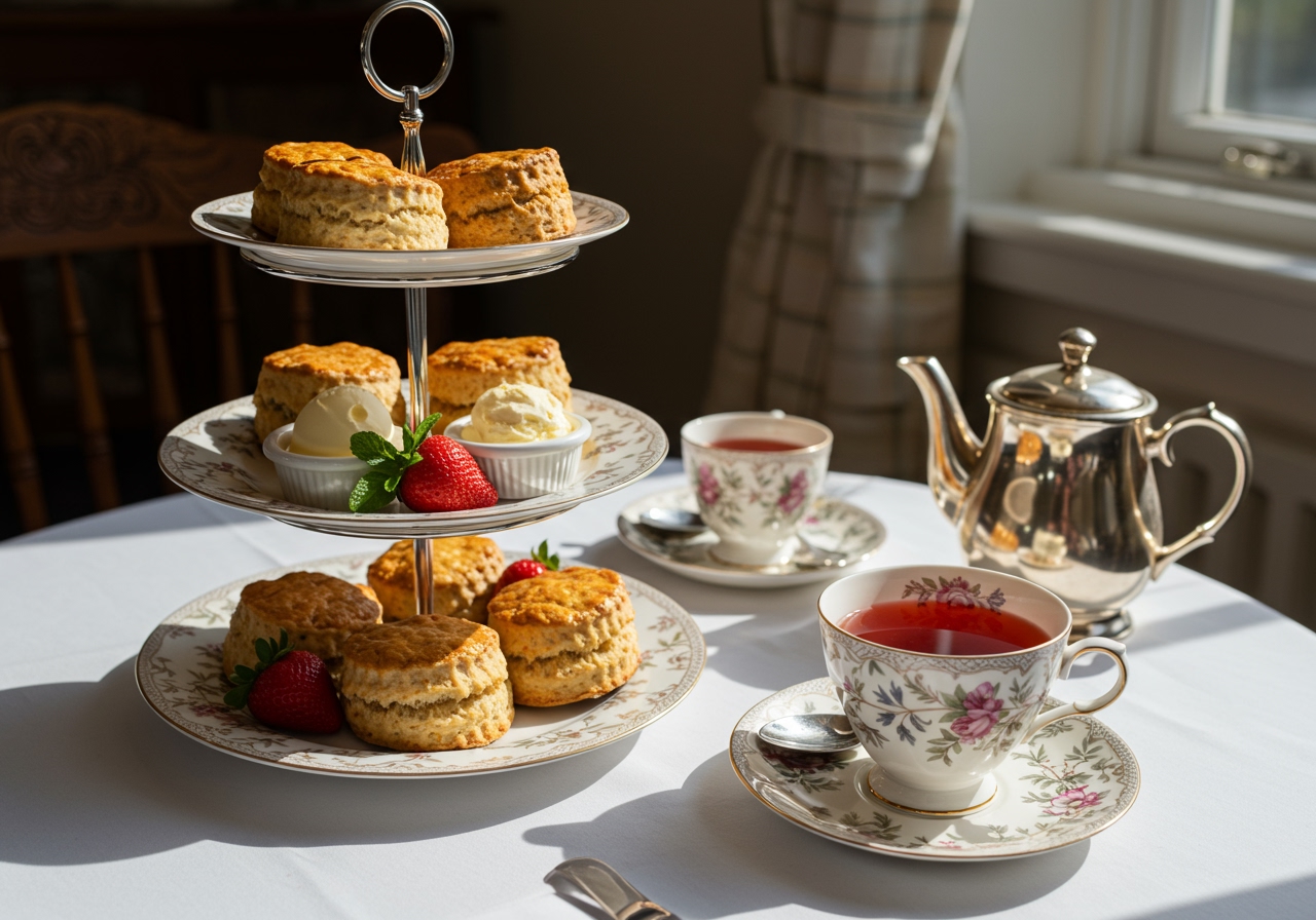 A beautifully set afternoon tea spread featuring Scotch oat scones, clotted cream, and strawberry jam. A delicate teacup and teapot are also visible. Elegant and inviting.