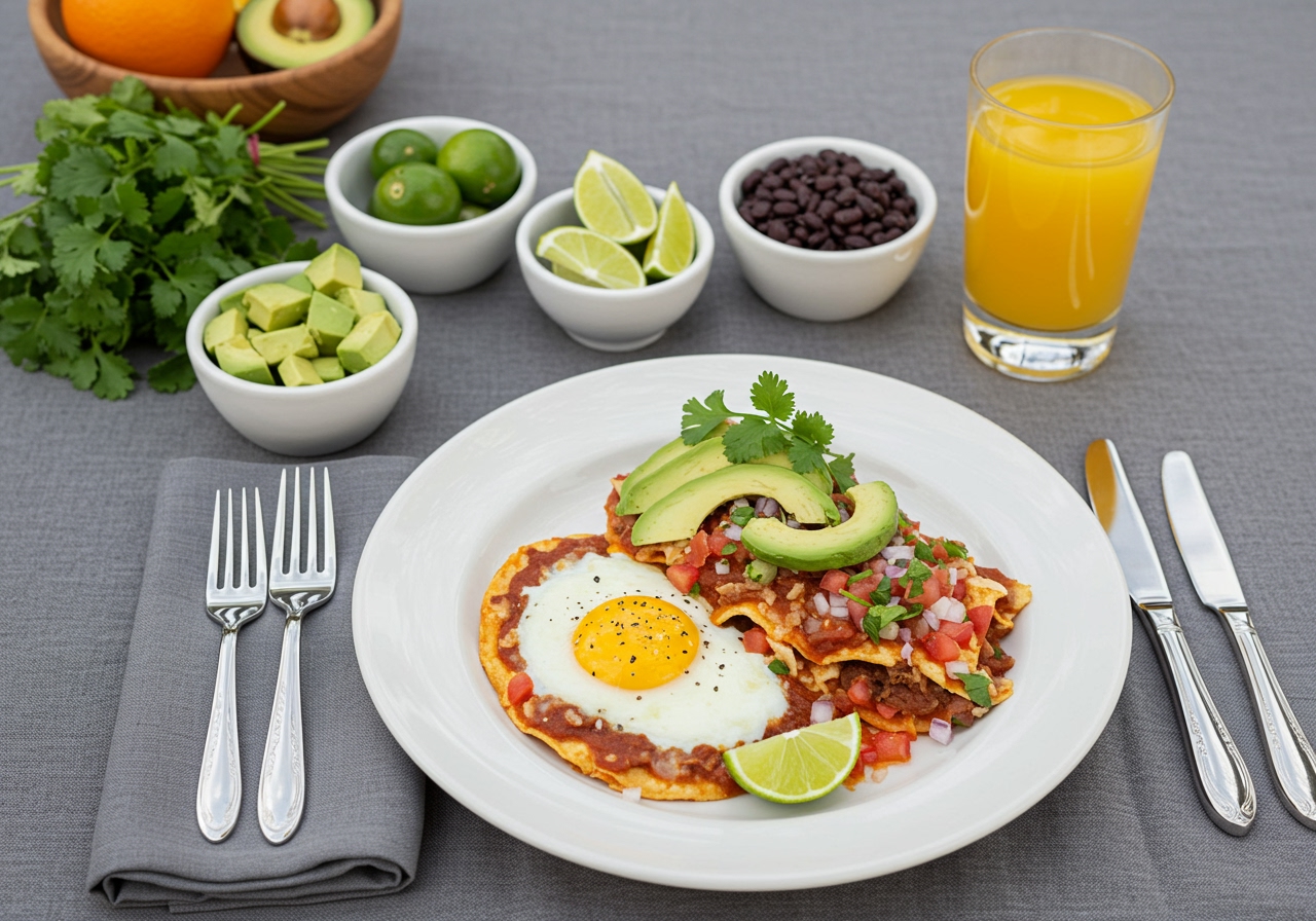 A beautifully set brunch table featuring a plate of Huevos Rancheros as the centerpiece, surrounded by small bowls of fresh avocado, lime wedges, cilantro, and perhaps a small side of black beans and a glass of orange juice.