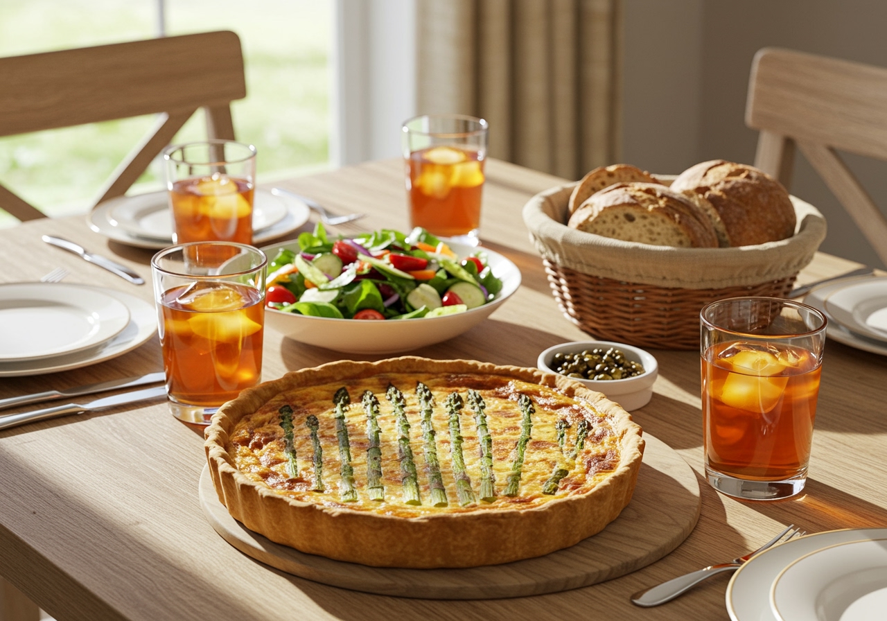 A beautifully set brunch table featuring a whole asparagus quiche, a fresh green salad, a basket of artisan bread, and glasses of iced tea, bathed in natural light.