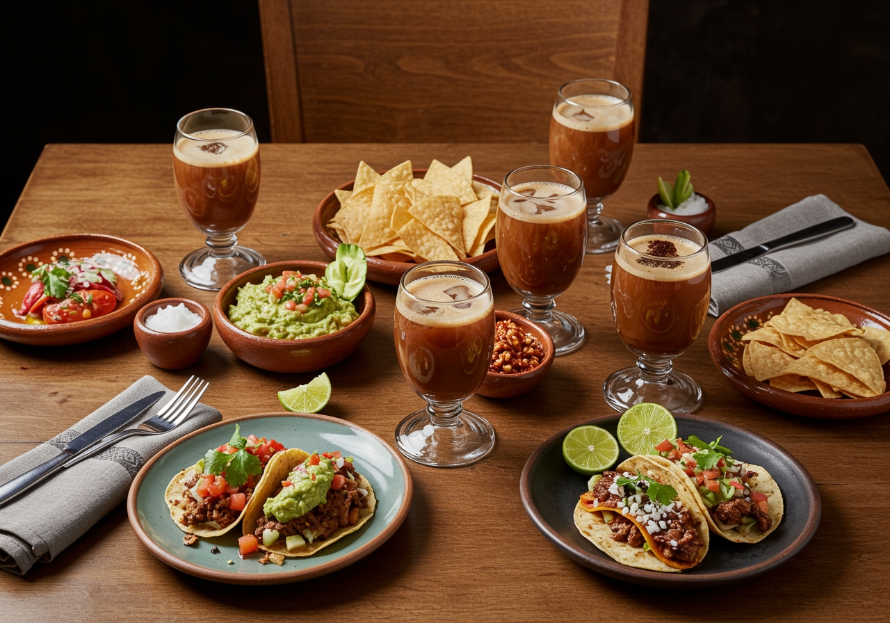A beautifully set table with a variety of Mexican dishes (tacos, guacamole, chips) and several glasses of Mexican coffee cocktails. Warm, inviting atmosphere, perhaps with some subtle Mexican textiles or pottery.