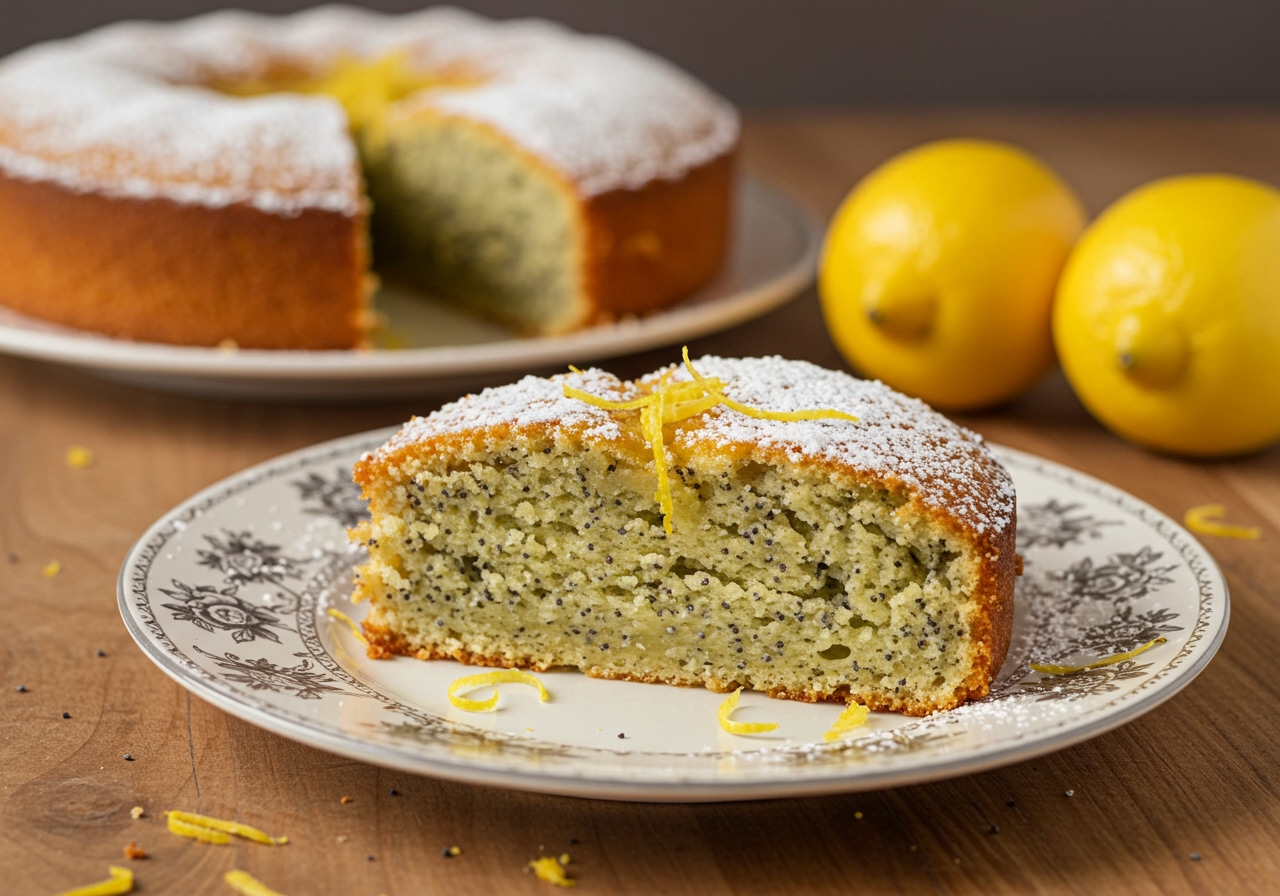 A beautifully sliced lemon poppy seed quick cake on a elegant serving plate, with a light dusting of powdered sugar and fresh lemon zest, natural light, kitchen background, focus on the cake slice.