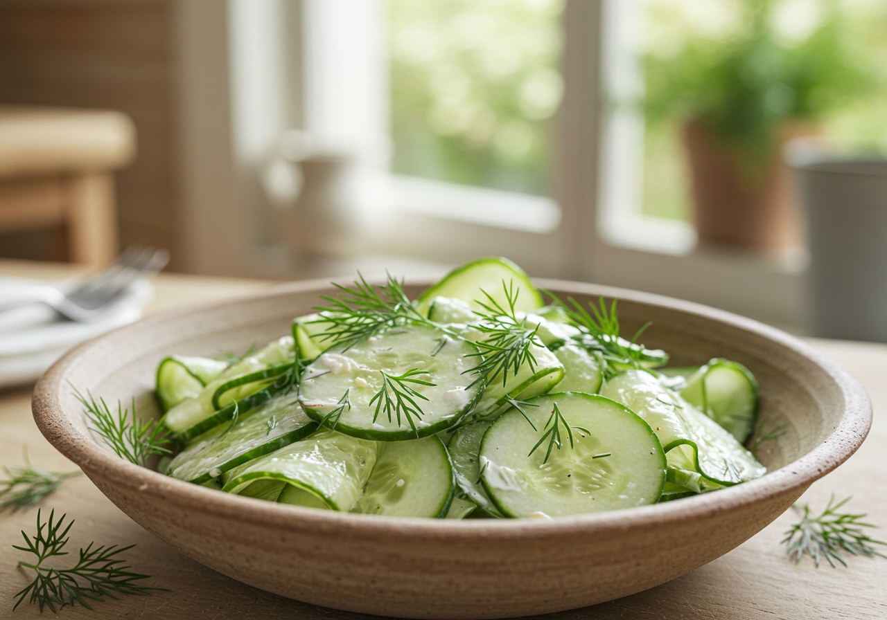 A beautifully styled bowl of Ina Garten's cucumber salad, featuring thinly sliced cucumbers, fresh dill, and a creamy, light dressing, with natural light and a rustic kitchen background.