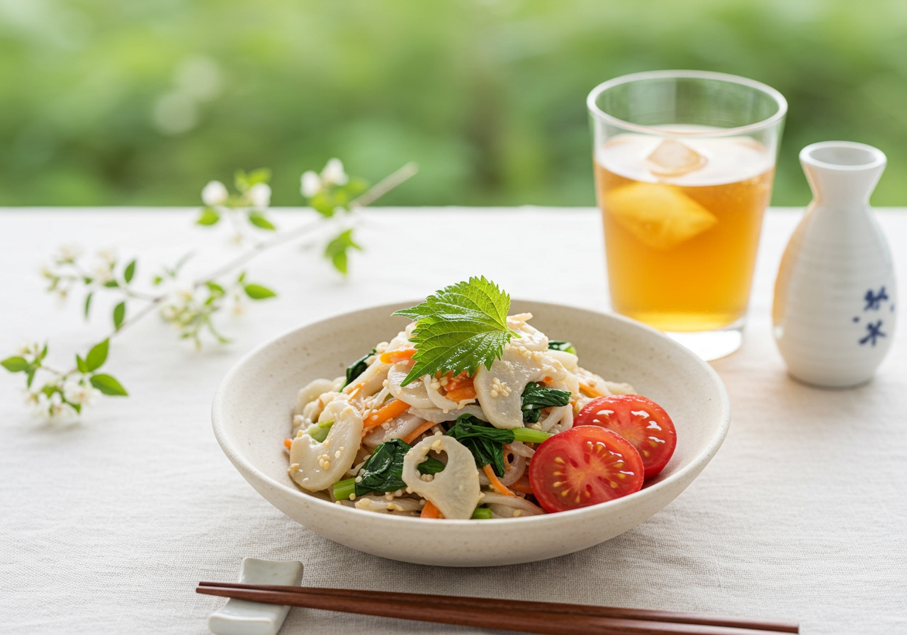 A beautifully styled bowl of Shirasu and Daikon Oroshi cold pasta, garnished with perilla leaves and maybe some sliced tomatoes, set on a cool summer table.