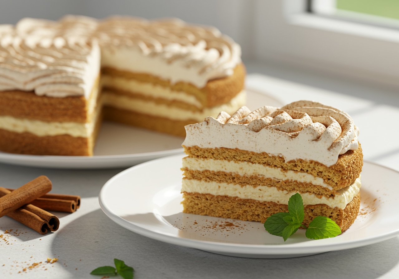 A beautifully styled cold layered cake with whipped cream and a dusting of cinnamon on top, served on a plate in a bright setting.
