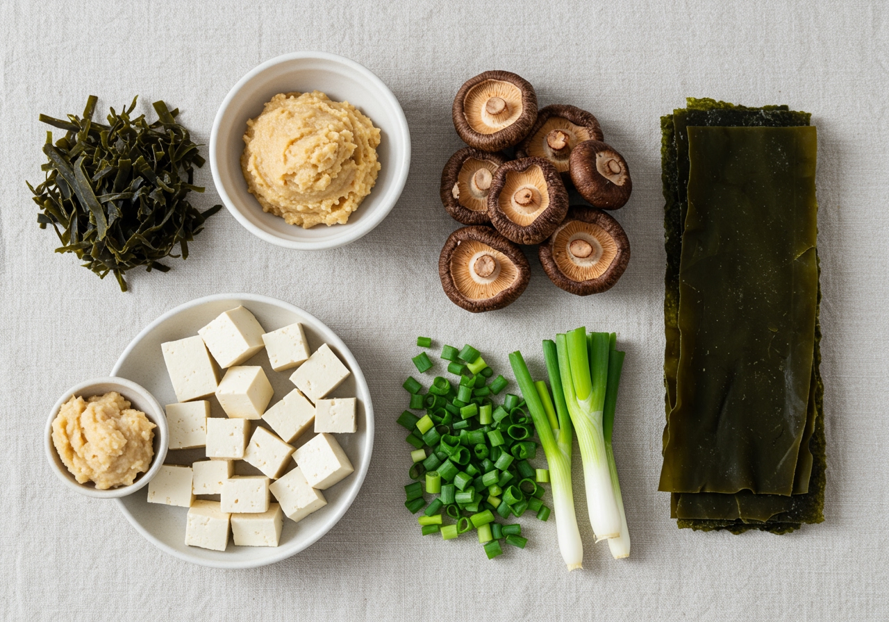 A beautifully styled flat lay of all ingredients needed to make vegan miso soup, including miso paste, tofu, seaweed, mushrooms, green onions, and konbu.
