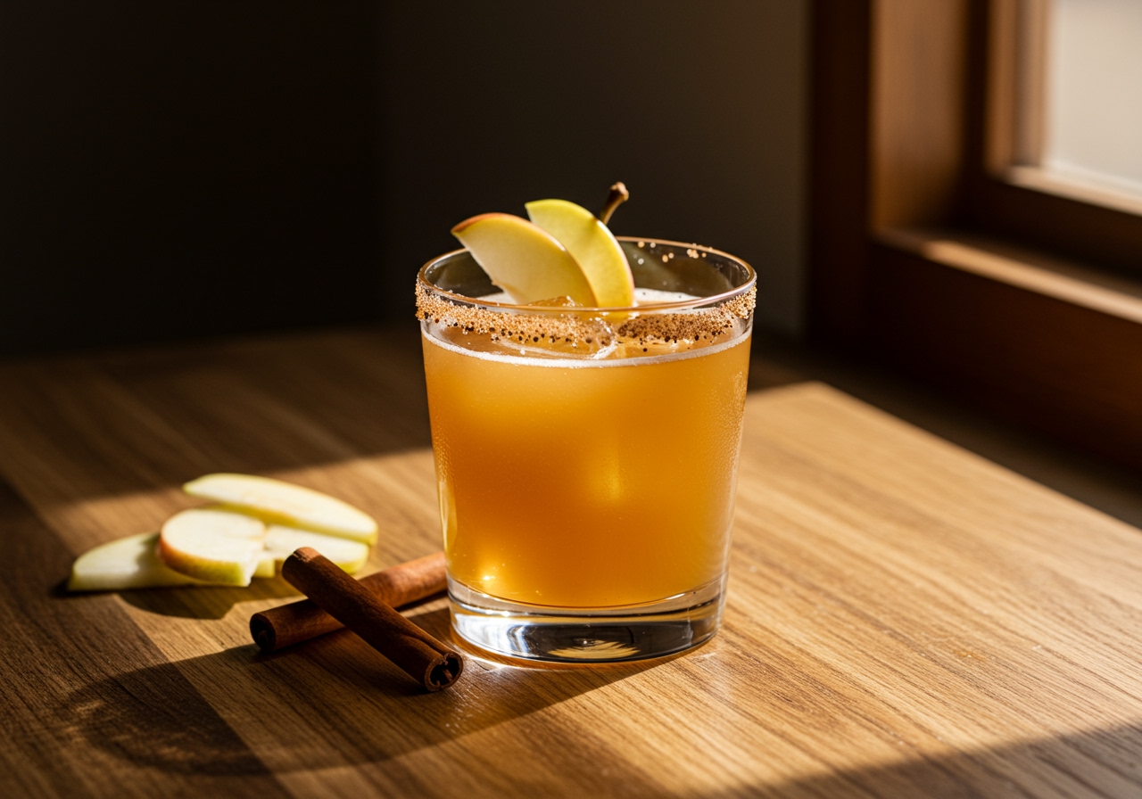 A beautifully styled glass of Healthy Bourbon Cider Sour with apple slices and a cinnamon stick garnish on a rustic wooden table, illuminated by warm, natural light.