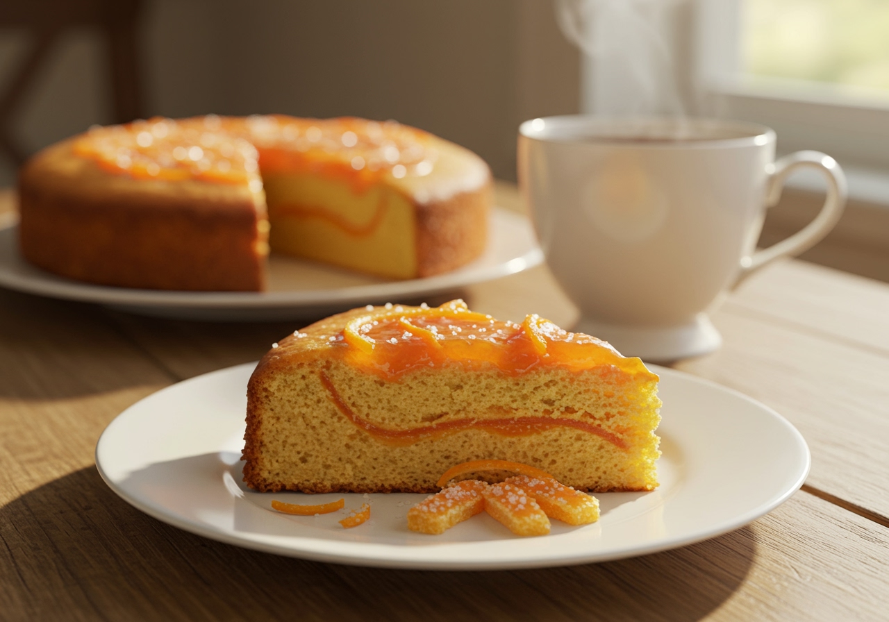 A beautifully styled image of a slice of orange marmalade cake on a plate, with a cup of tea in the background, bright and inviting.