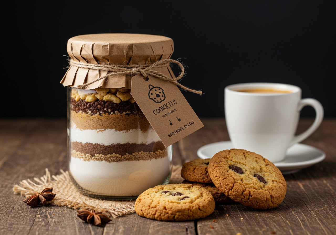 A beautifully wrapped gift package containing a jar cookie mix, tied with a rustic string and a small gift tag. Beside it are a few freshly baked cookies and a cup of coffee.