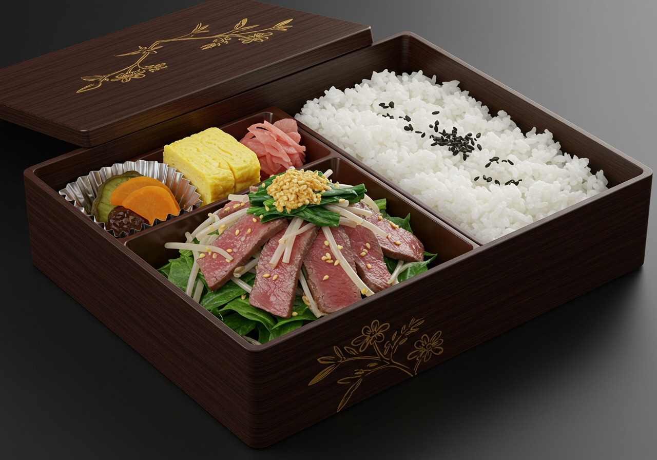 A bento box featuring cold shabu-shabu salad alongside rice and other small dishes.