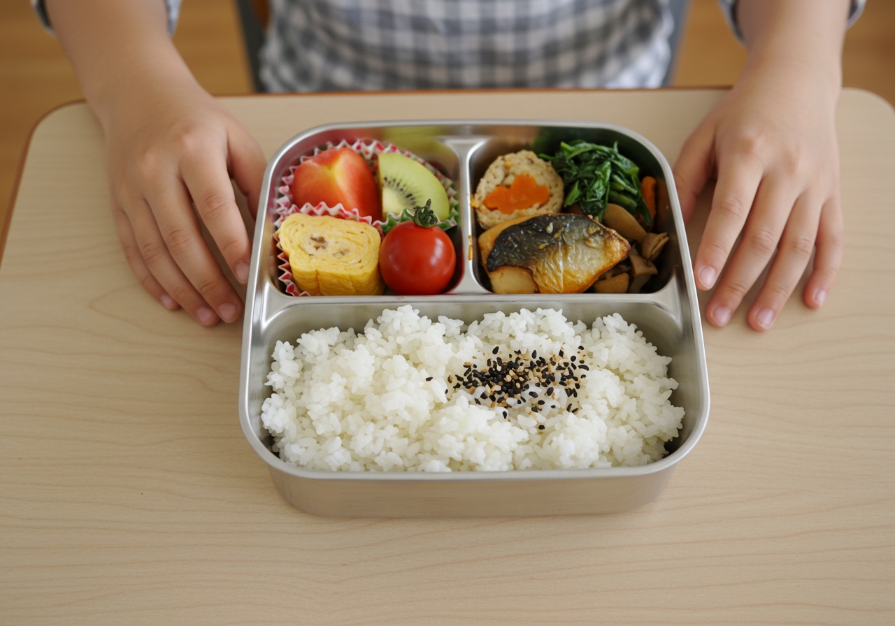 A bento box filled with a perfectly balanced and healthy Japanese school lunch, including rice, grilled fish, vegetables, and fruit, neatly arranged on a school desk. A child's hands are about to reach for it.