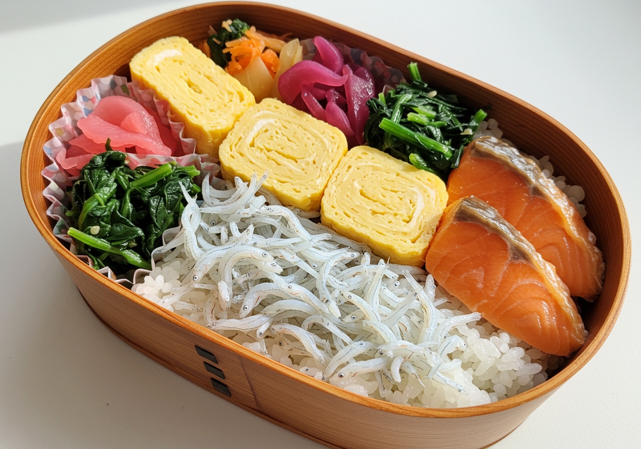 A bento box packed with various colourful items, featuring sliced shirasu and cheese tamagoyaki prominently.
