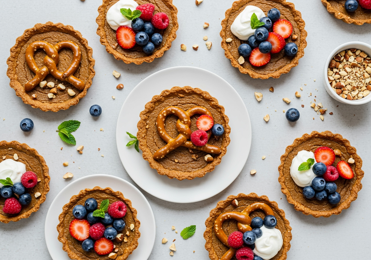 A bird's-eye view of several individual servings of healthy pretzel tart, each artfully plated and garnished.