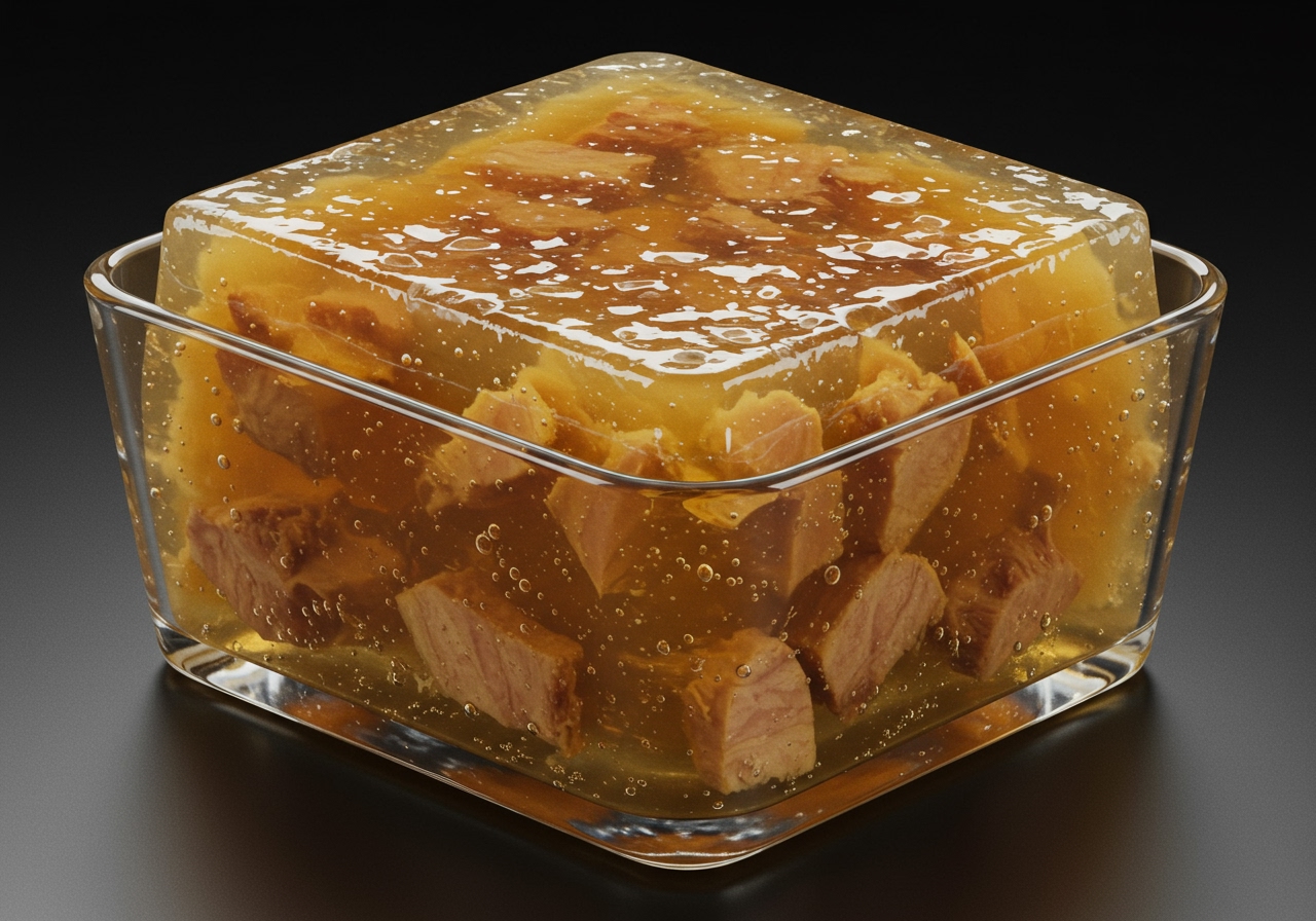 A block of shimmering, golden-brown pork aspic (皮凍) in a square glass container, shown after being chilled and solidified.