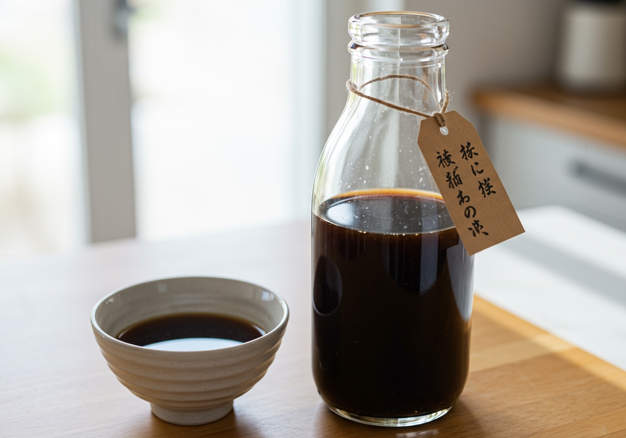A bottle filled with homemade soba tsuyu base (kaeshi), next to a small bowl of diluted tsuyu ready for dipping.