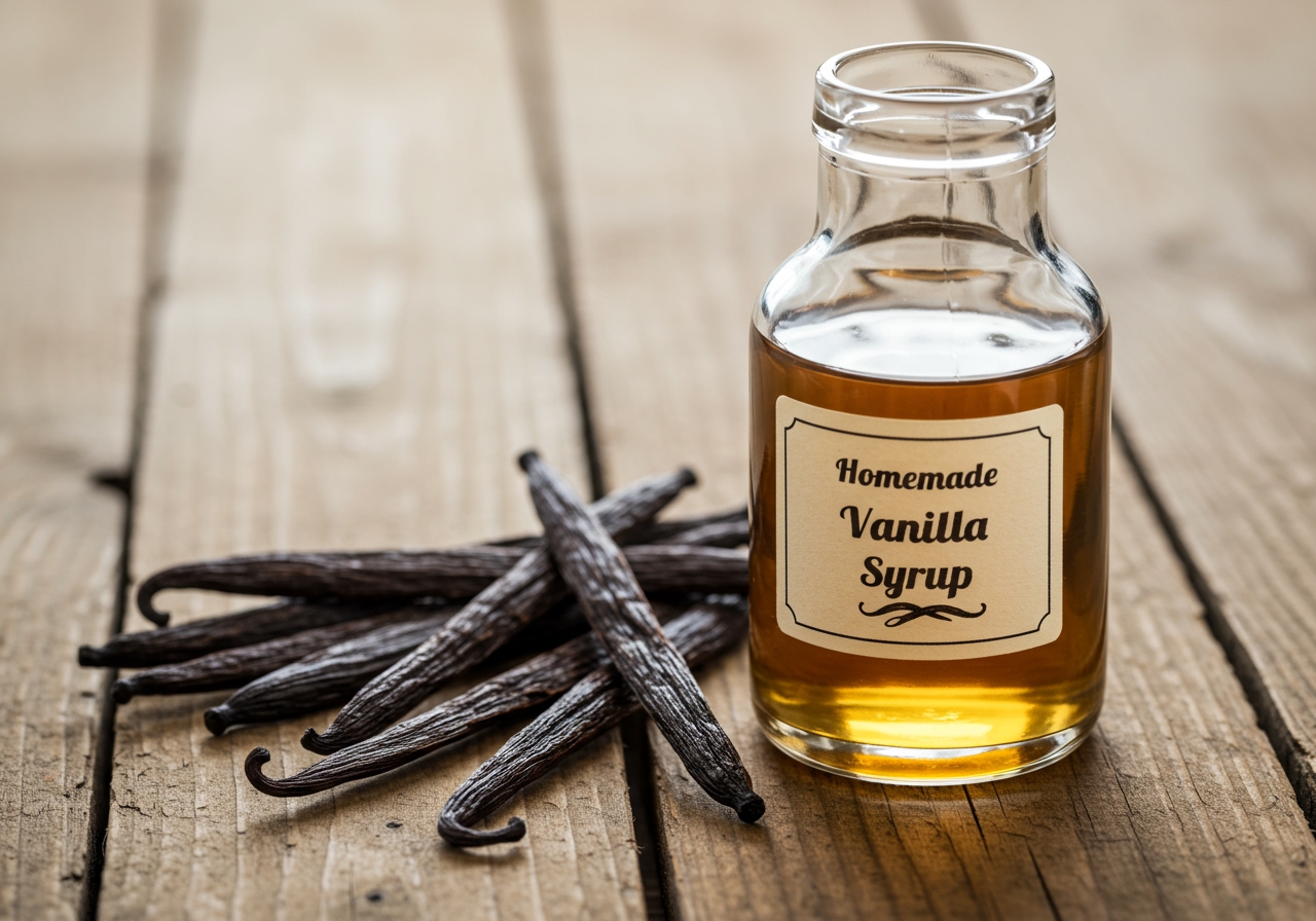 A bottle of homemade healthy vanilla syrup next to fresh vanilla beans on a wooden surface.