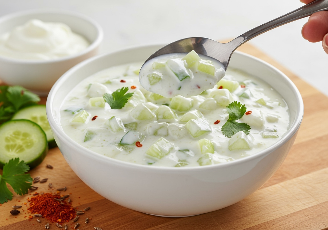 A bowl filled with freshly made cucumber raita, with a spoon scooping some up. Ingredients like yogurt, chopped cucumber, and spices are visible around the bowl.
