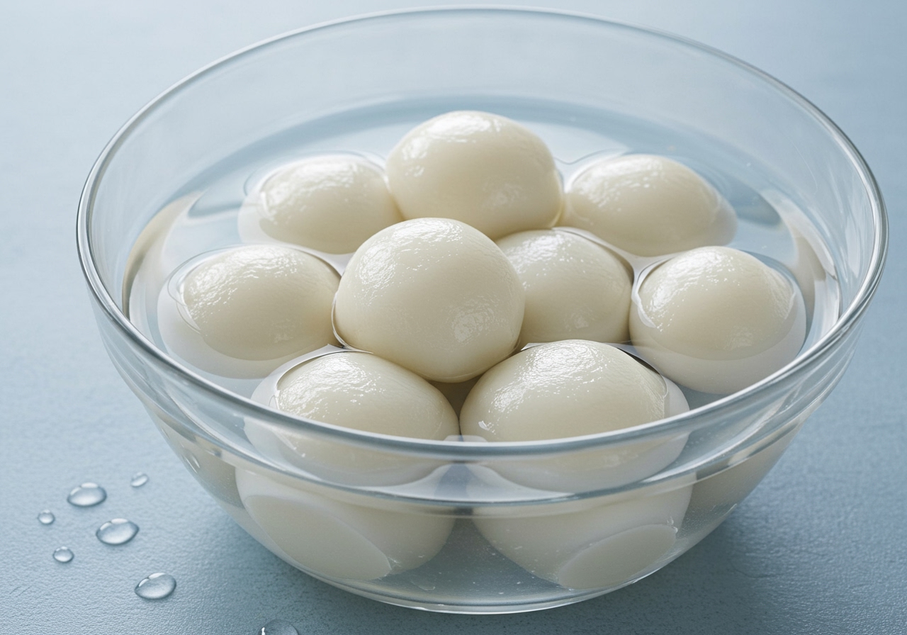 A bowl filled with freshly made, round shiratama mochi balls cooling in iced water.