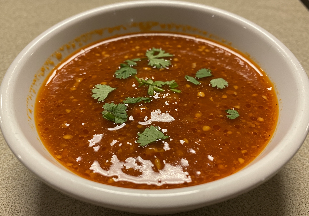 A bowl filled with the vibrant orange-red aromatic cold momo sauce, with visible green herbs.