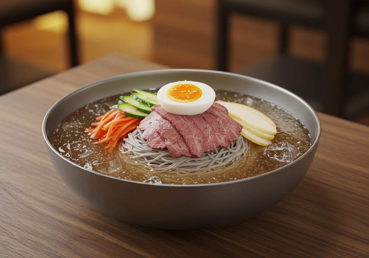 A bowl of authentic Mul Naengmyeon with ice floating in the clear broth, topped with sliced beef, pickled radish, cucumber, Korean pear, and a half-boiled egg.