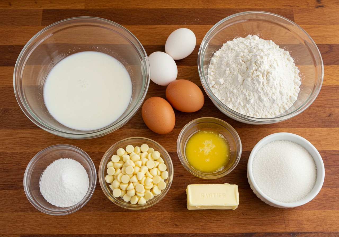 A bowl of baking ingredients for buttermilk pie: buttermilk, eggs, white chocolate chips, flour, sugar, and melted butter, all neatly arranged on a wooden kitchen counter.