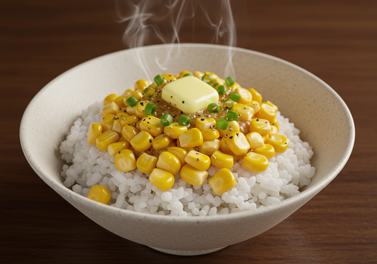 A bowl of butter soy sauce corn rice, with a sprinkle of black pepper and possibly some chopped green onions
