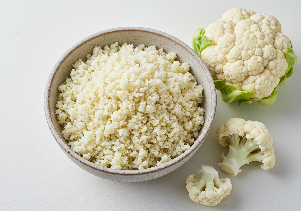 A bowl of cauliflower rice next to fresh cauliflower florets. The rice should look similar in texture to cooked white rice but with a slightly paler color.