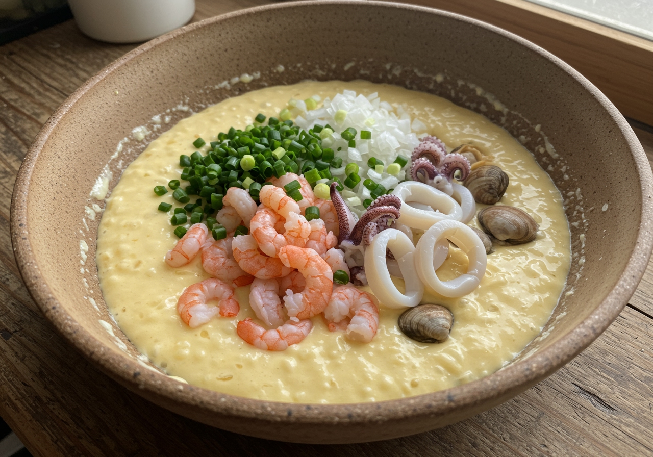 A bowl of chijimi batter with chopped seafood (shrimp, squid, clams) and vegetables (scallions, chives, onion) mixed in, ready to be cooked.